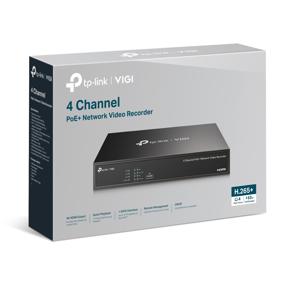 TP-LINK VIGI NVR1004H-4P 4 KANAL POE 1 SATA H265  ONVIF NVR KAYIT CIHAZI